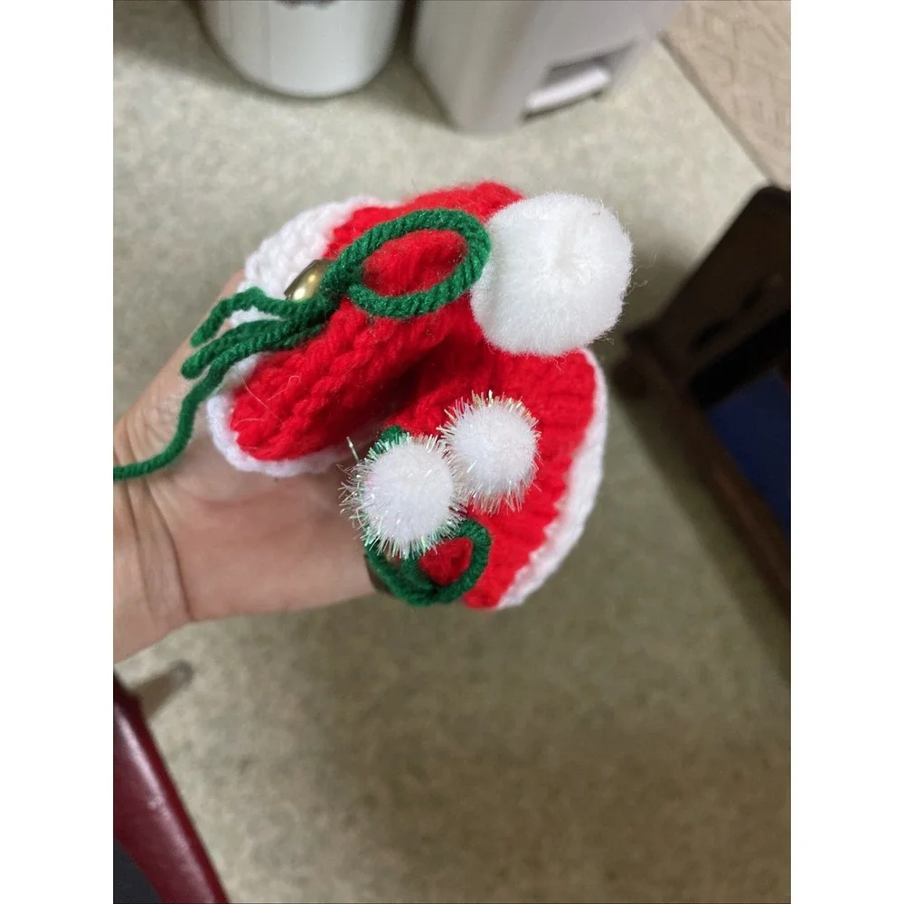 Vintage Knitted Pair Of Santa Stocking Hats Pom Pom Jingle Bell Ornament Decorat